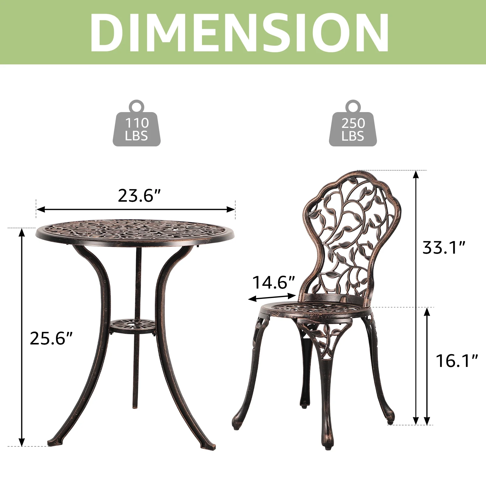 JOIVI Patio Bistro Table Set, 3 Piece Outdoor Rust-Resistant Cast Aluminum Dinning Table, Bronze