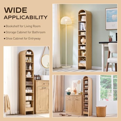 71" Tall Arched Bookshelf, 7 Tiers Arch Bookcase with Storage, Modern Farmhouse Book Shelf with Adjustable Shelves, Wood Bookshelf w/Open Display Shelves for Living Room, Office (Natural)