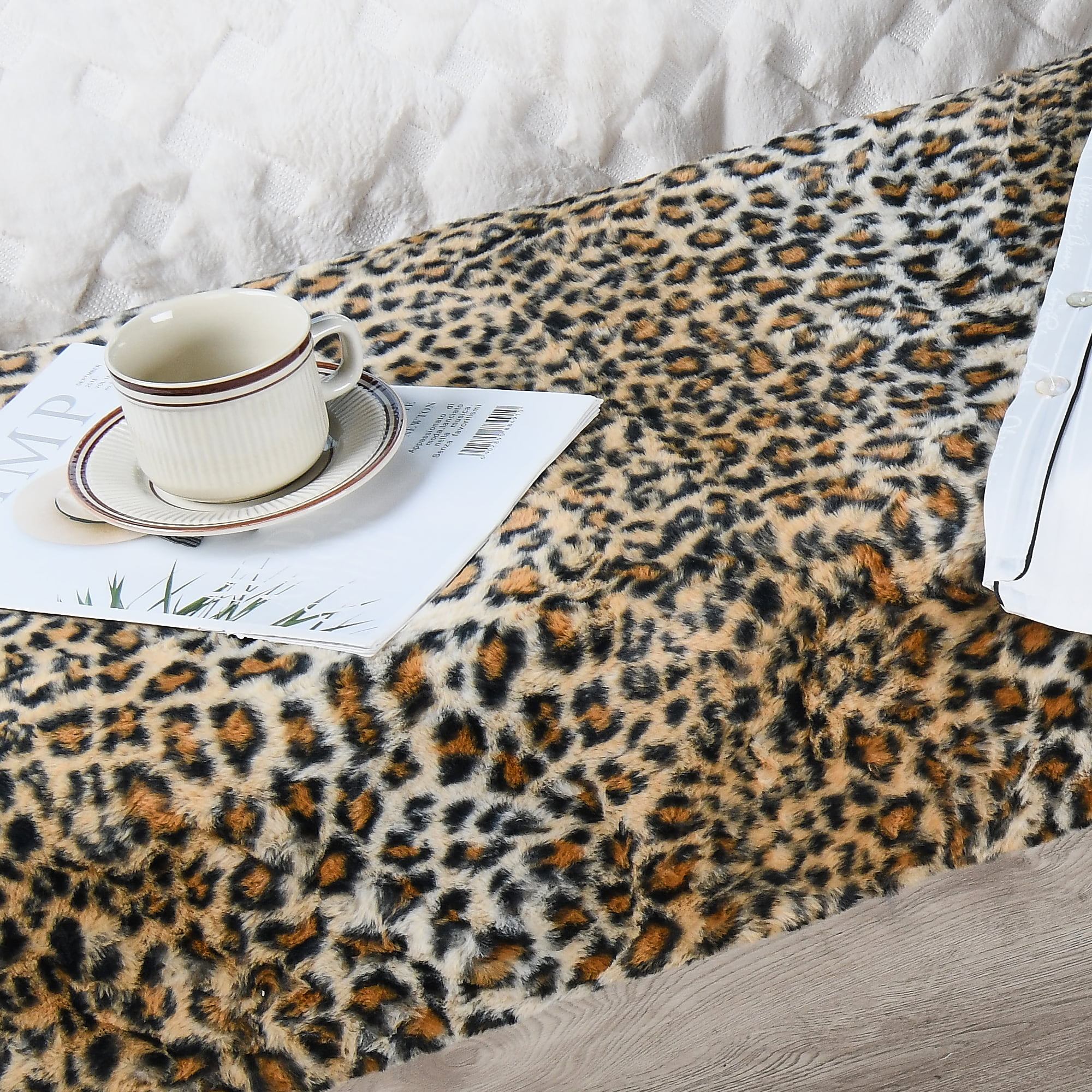 Home Soft Things Faux Fur Ottoman- Leopard - Black Leg - 46x16x22"