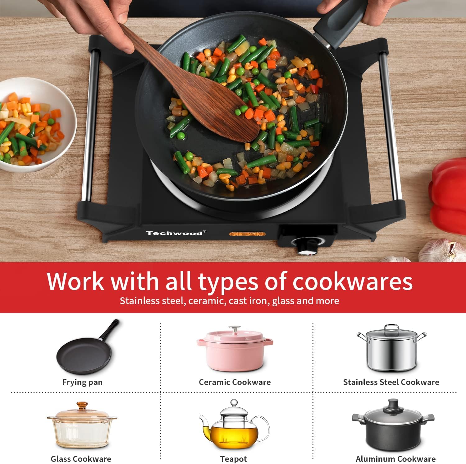 Hot Plate, Techwood Portable Electric Stove for cooking, 1200W Countertop Infrared Single Burner with Handles & 7.5&rdquo; Glass Cooktop for RV/Home/Camp, Compatible for All Cookwares Upgraded Version