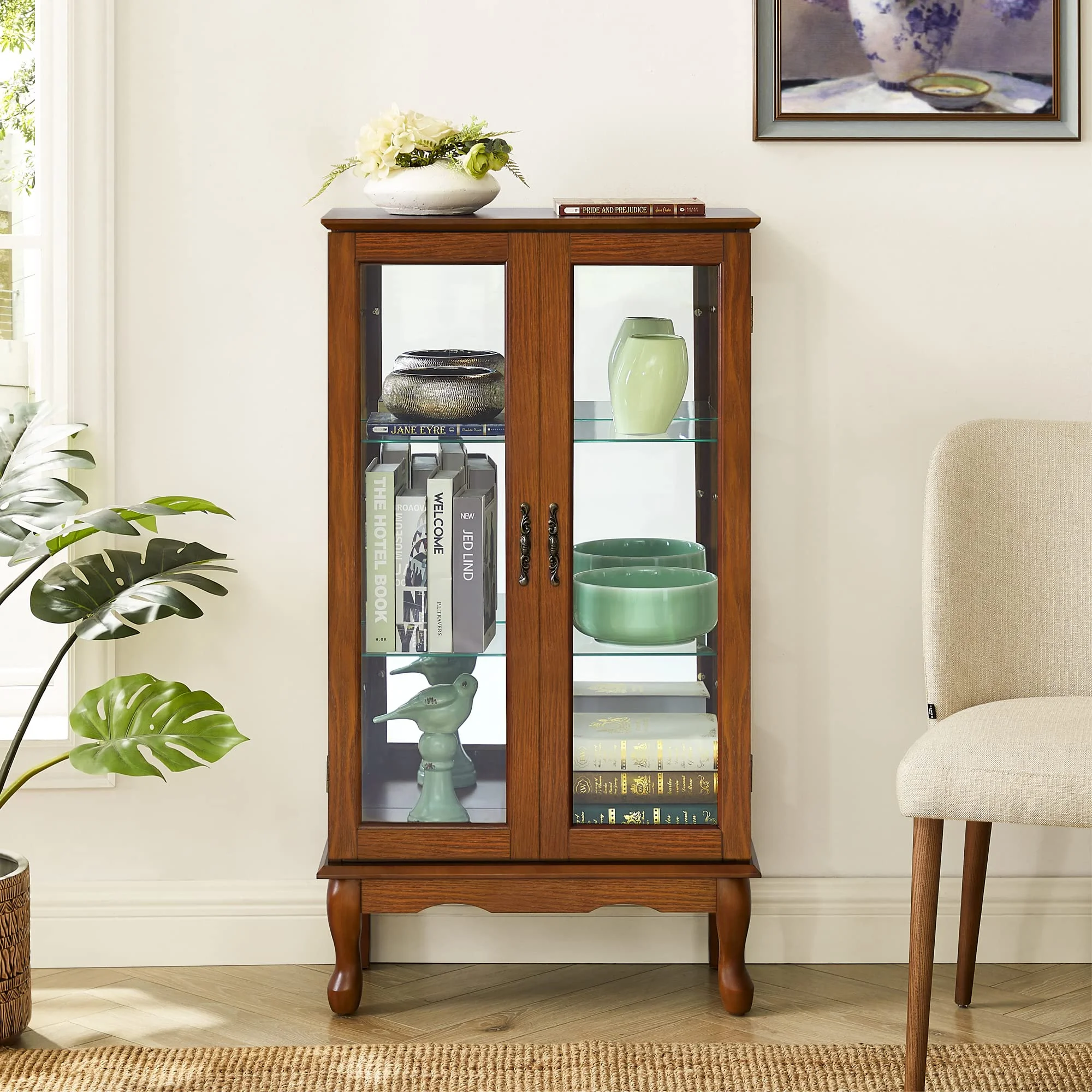 Ufurpie 3 Tier Lighted Curio Display Cabinet with Adjustable Shelves and Tempered Glass Doors,Wooden China Storage Cabinet,Oak
