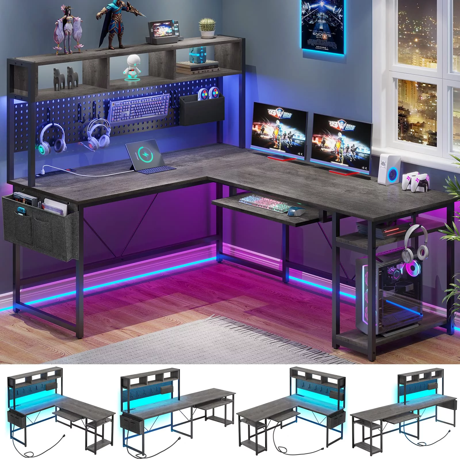 L Shaped Desk with Hutch, Long Home Office Desk with Power Outlet & Led Light,Computer Gaming Desk with Storage Shelves,Keyboard Tray,Hook,Grey