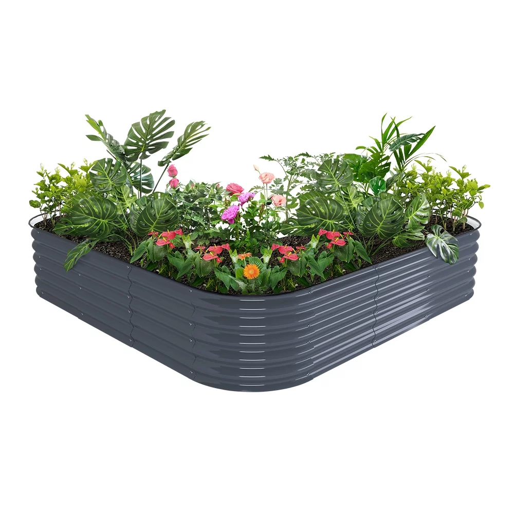 VEGEGA 17" Tall L-Shaped Modular Corrugated Metal Raised Garden Beds Large Size - Grey