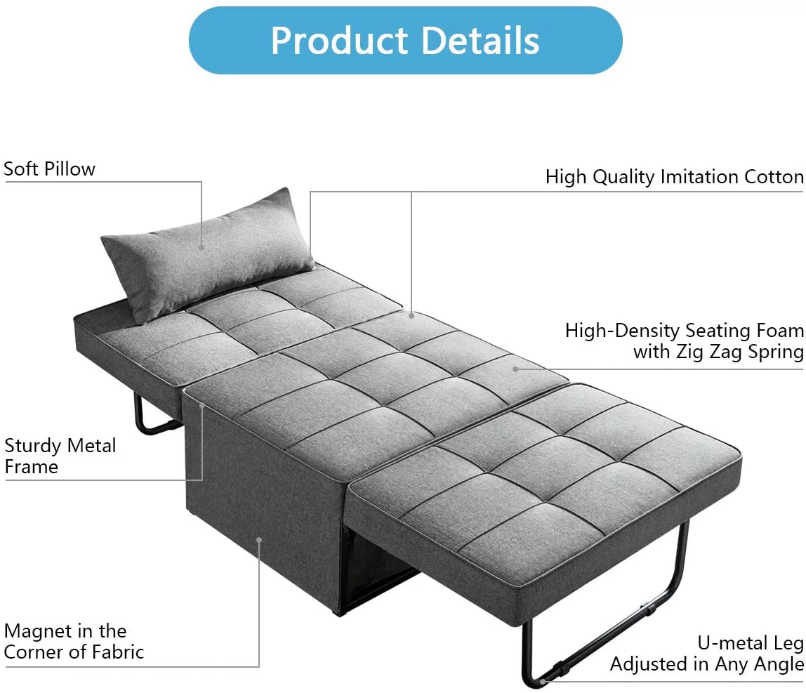 Vonanda Sofa Bed, Convertible Chair 4 in 1 Multi-Function Folding Ottoman Modern Breathable Linen Guest Bed with Adjustable Sleeper for Small Room Apartment, Dark Gray