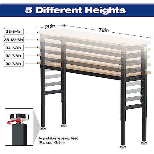 WORKPRO 48" Adjustable Workbench, Rubber Wood Top Heavy-Duty Workstation, 2000 LBS Load Capacity Hardwood Worktable with Power Outlets, for Workshop, Garage, Office, Home