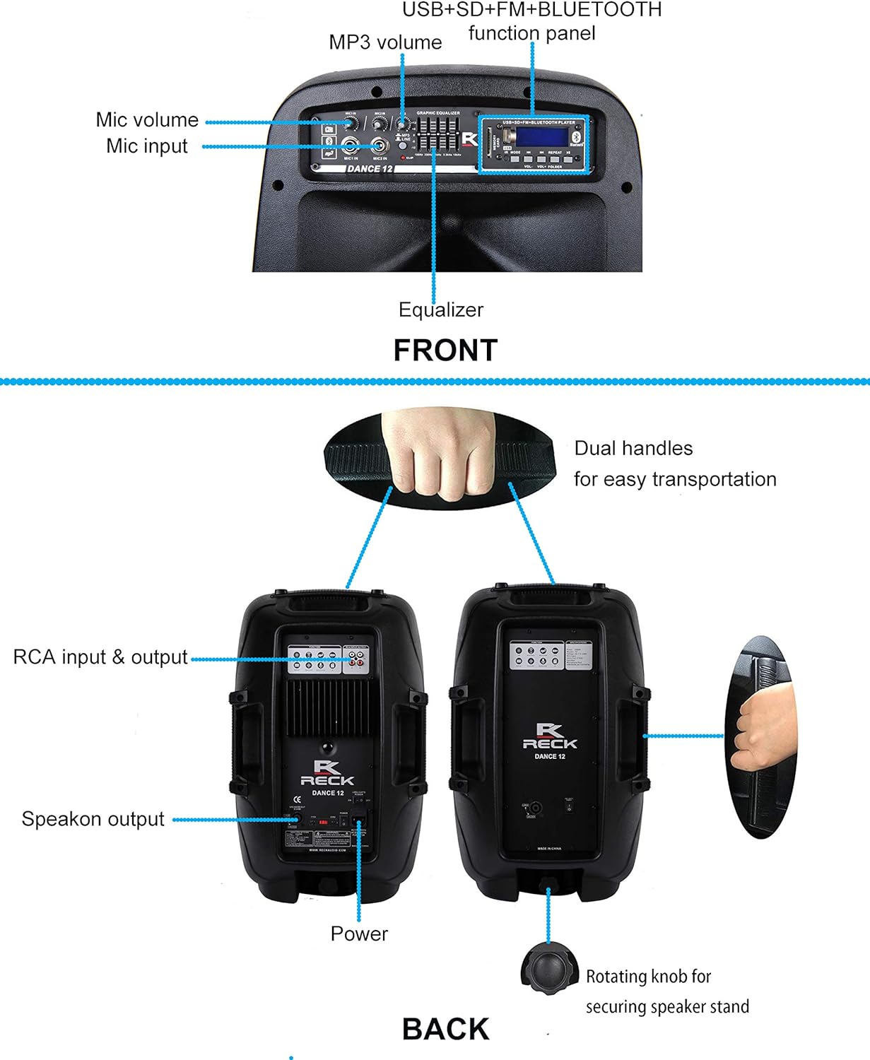 Proreck Dance 12 Portable 12-Inch 1000 Watts 2-Way Powered PA Speaker System Combo Set with Bluetooth/USB/SD Card Reader/FM Radio/Remote Control/Speaker Stand