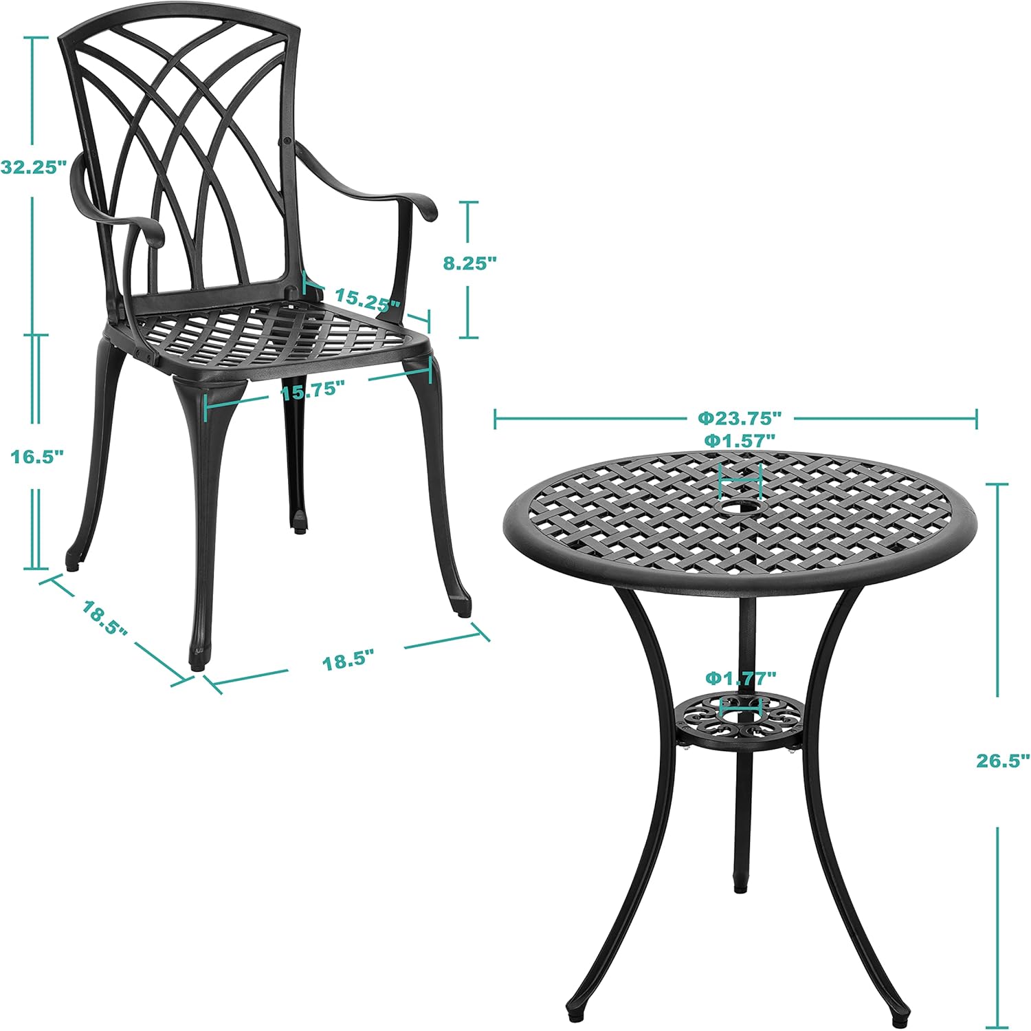 Nuu Garden 3 Piece Patio Bistro Sets Cast Aluminum Bistro Table Set Outdoor Patio Furniture with Umbrella Hole for Patio Balcony, Black