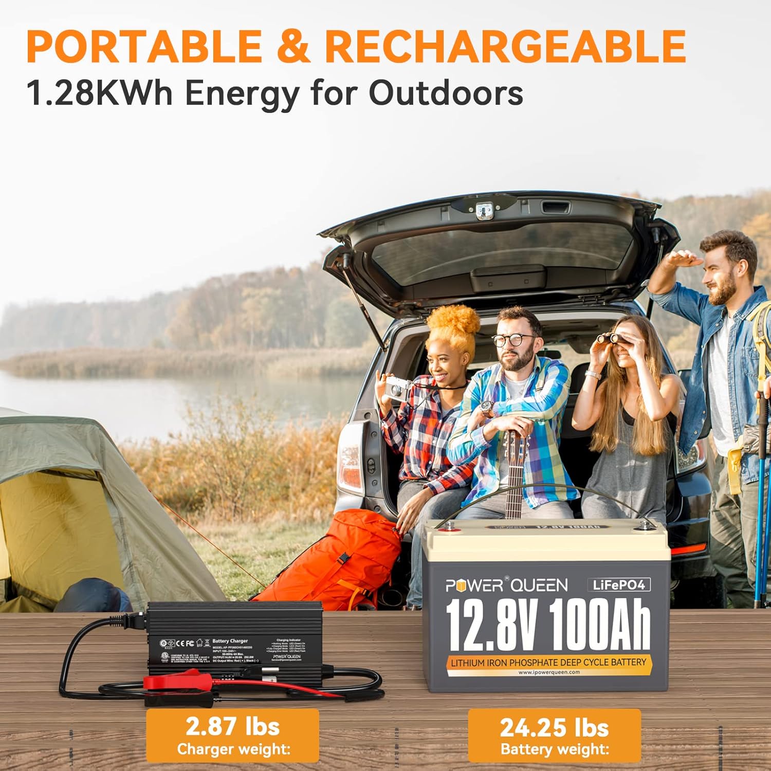 Power Queen 12.8V 100Ah LiFePO4 Battery with 14.6V 20A LiFePO4 Battery Charger; Built-in 100A BMS, Fast and Fully Charged, 4000+ Cycles, Perfect for RV, Trailer, Camping, Solar System…