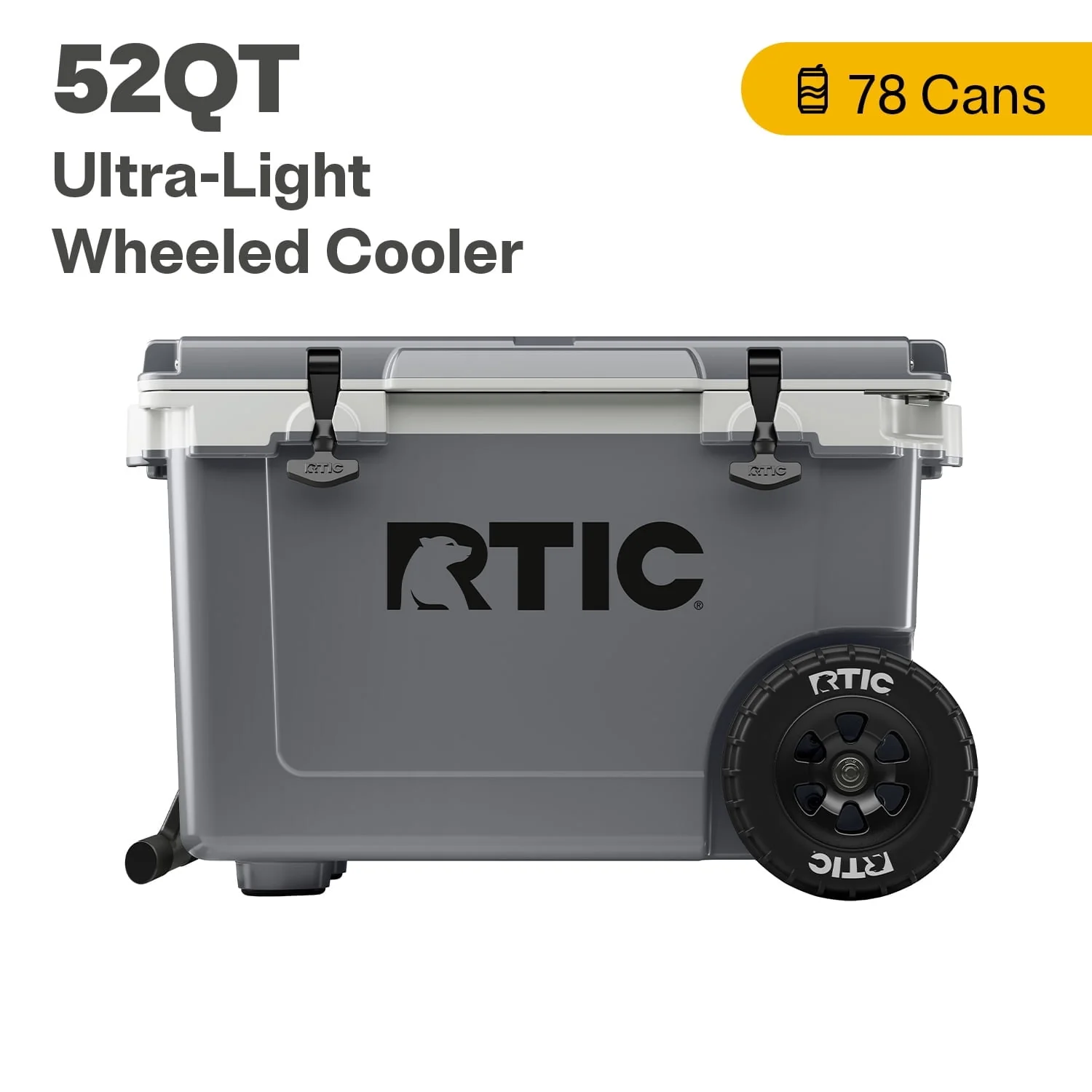 RTIC 52 QT Ultra-Light Wheeled Hard-Sided Ice Chest Cooler, White and Grey, Fits 78 Cans