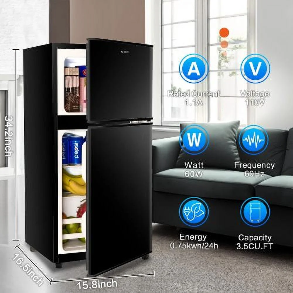 3.5 Cubic Feet Refrigerator, ZPL Compact Refrigerator, Mini Fridge with Freezer and 2 Door, 7 Level Thermostat Removable Shelves for Kitchen, Dorm, Apartment, Bar, Office, Silver
