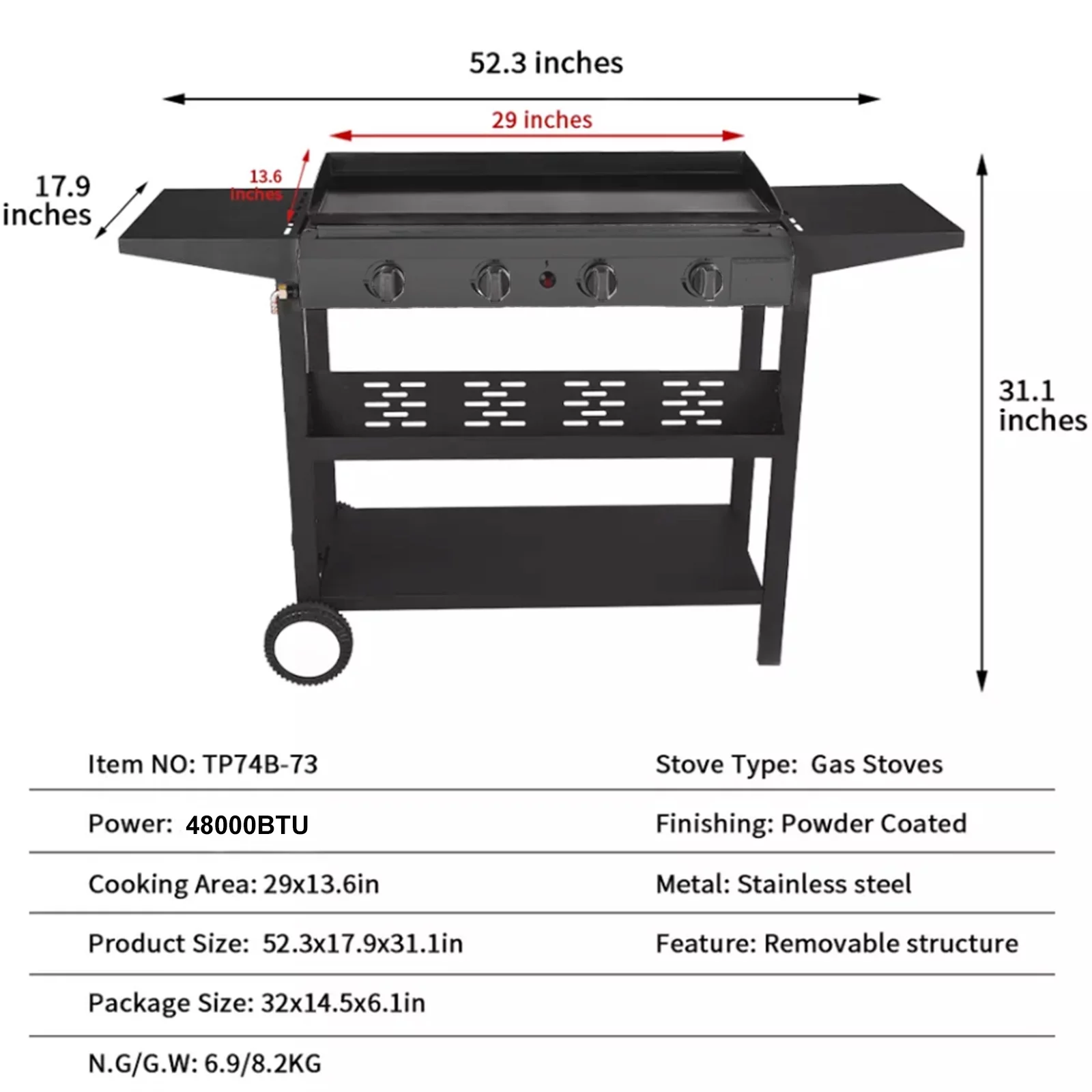 YouYeap 4 Burner Propane Gas Grill Flat Top Griddle Grill, Black