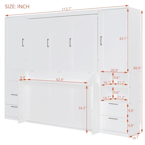 Merax Queen Size Murphy Bed with Desk, Space-Saving Wall Bed Frame with Closet, Drawers and Shelves, Foldable Platform Bed for Small Spaces Studio Study Office Guest Room, Gray