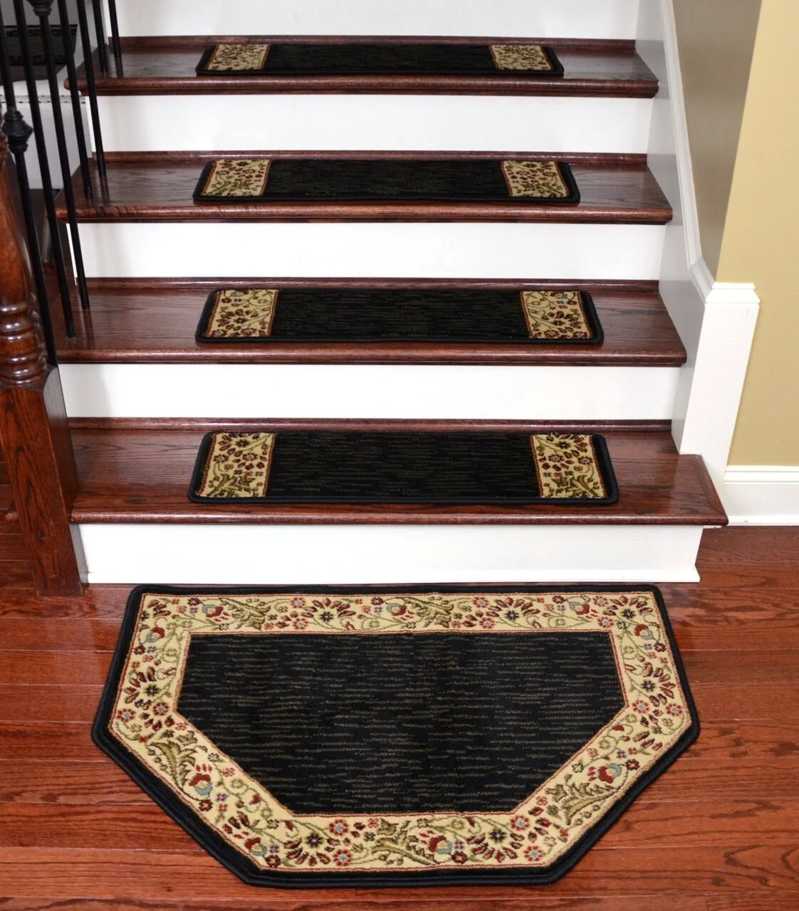 Dean Set of 15 Non-Skid Stair Gripper Carpet Stair Treads, Floral Black