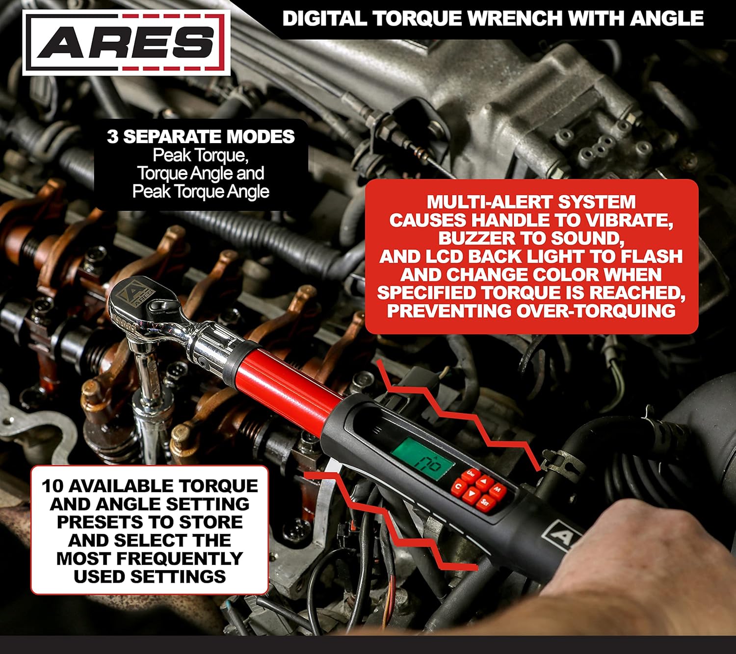 ARES 43007 - 3/8-Inch Drive Flex Head Electronic Digital Torque and Torque Angle Wrench - 10-100 ft/lbs (13.5-135Nm) - +/- 2% Accuracy - Reversible Thumb Switch - Multi-Alert Prevents Over-Torquing