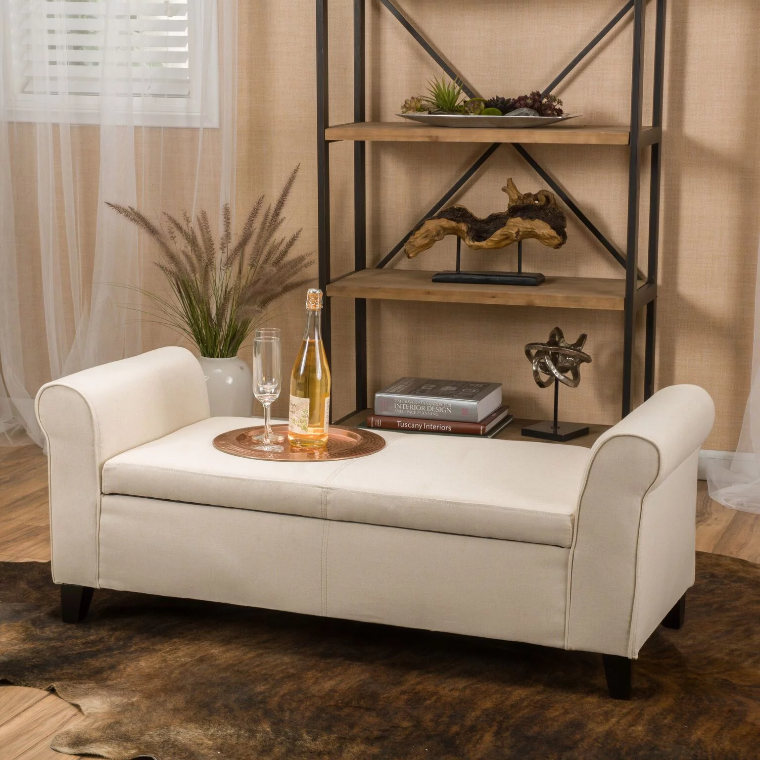 Noble House Haden Contemporary Fabric Upholstered Storage Ottoman Bench with Rolled Arms, Beige