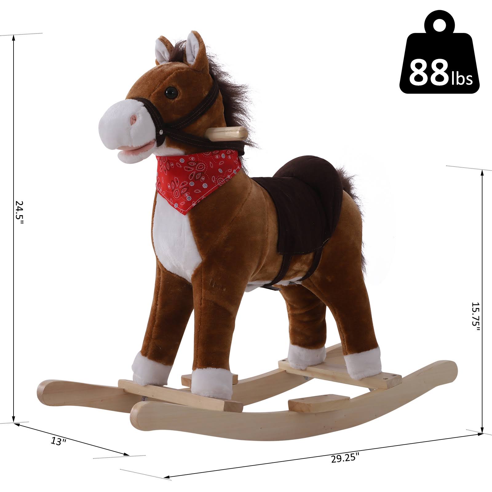 Qaba Kids Plush Toy Rocking Horse Ride on with Realistic Sounds u0026 Tail with Red Scarf