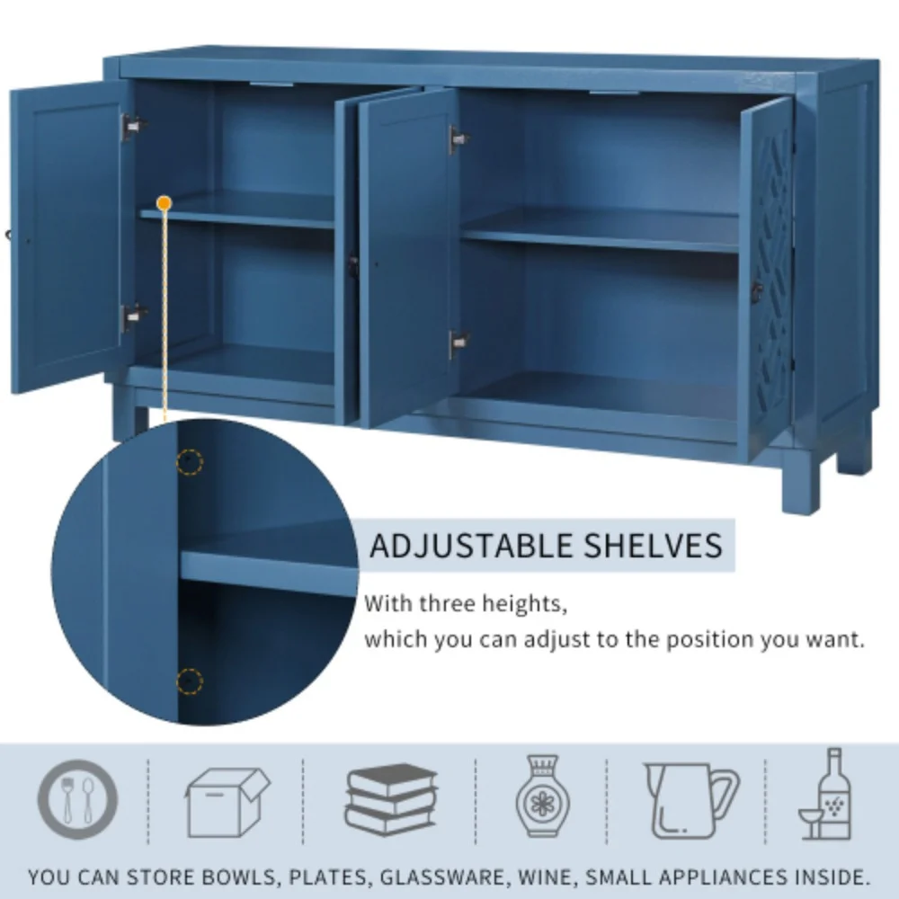 TREXM Large Storage Space Sideboard, 4 Door Buffet Cabinet with Pull Ring Handles for Living Room, Dining Room (Navy)  Navy + MDF