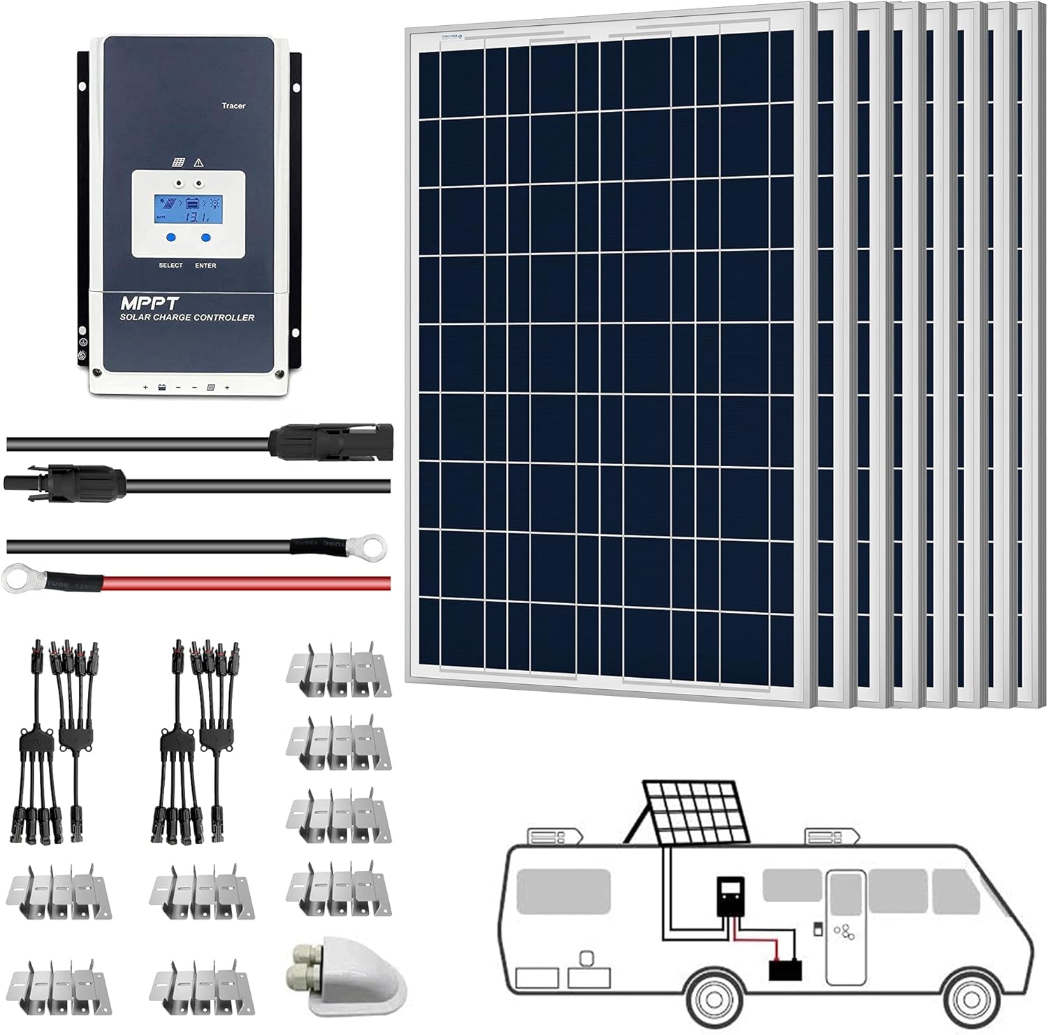 ACOPOWER Solar Panel Kit, 800W 12/24V Polycrystalline Off-Grid System for RV Home Marine with 8PCs 100W Rigid Solar Panels/60A MPPT Controller/Z-Brackets/Y Connectors/Solar Cables/Cable Entry Housing
