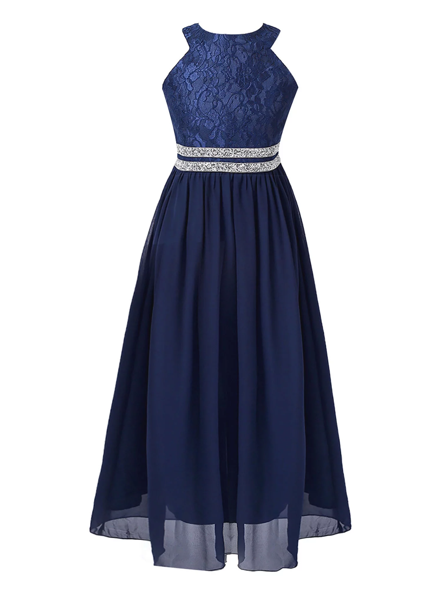 iiniim Kids Lace Floral Flower Girls Dress Sequins Halter Chiffon Dress Long Maxi Junior Bridesmaid Gown A Navy Blue 12 - Curated Treasures Market