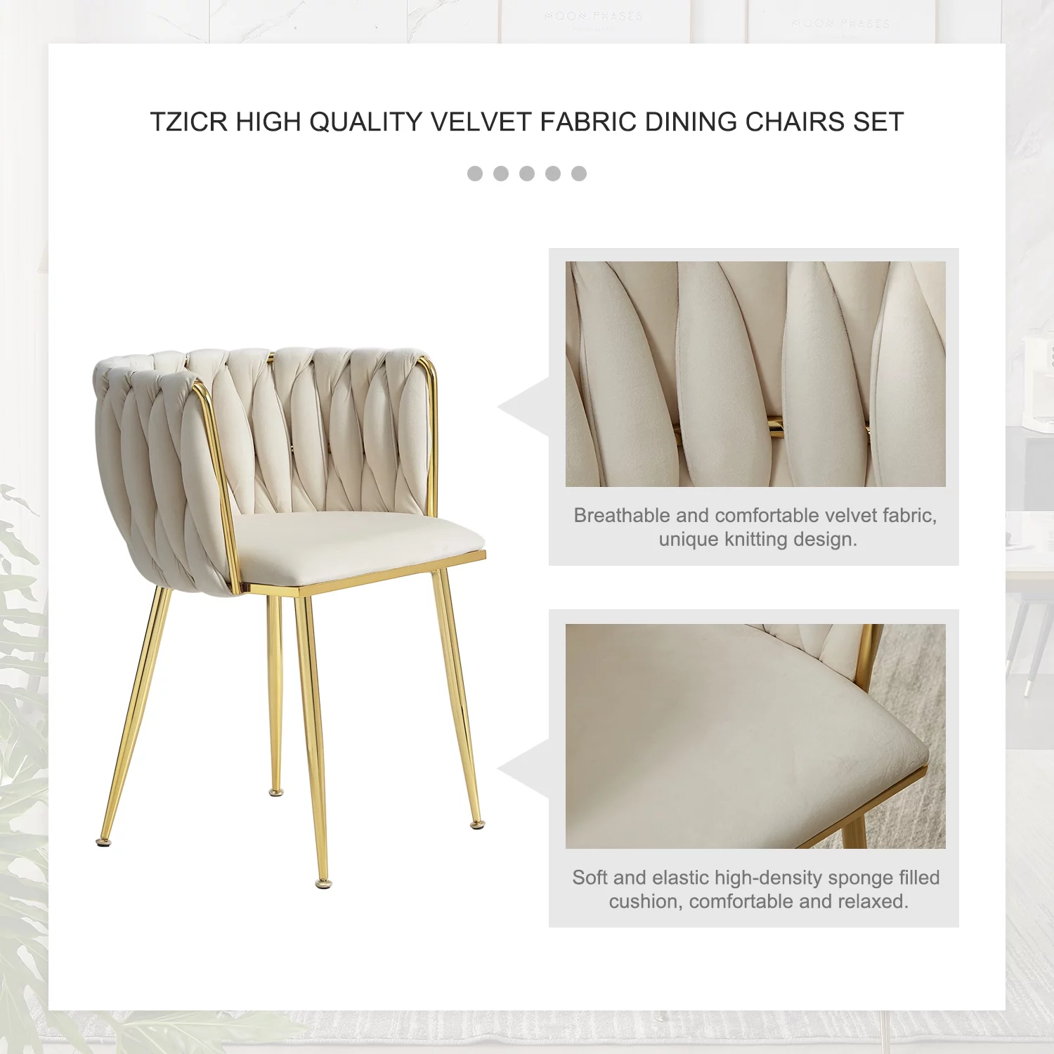 Tzicr Velvet Dining Chairs Set of 6, Modern Woven Upholstered Dining Chairs with Gold Metal Legs,Luxury Tufted Dining Chairs for Living Room, Bedroom, Kitchen (Beige)