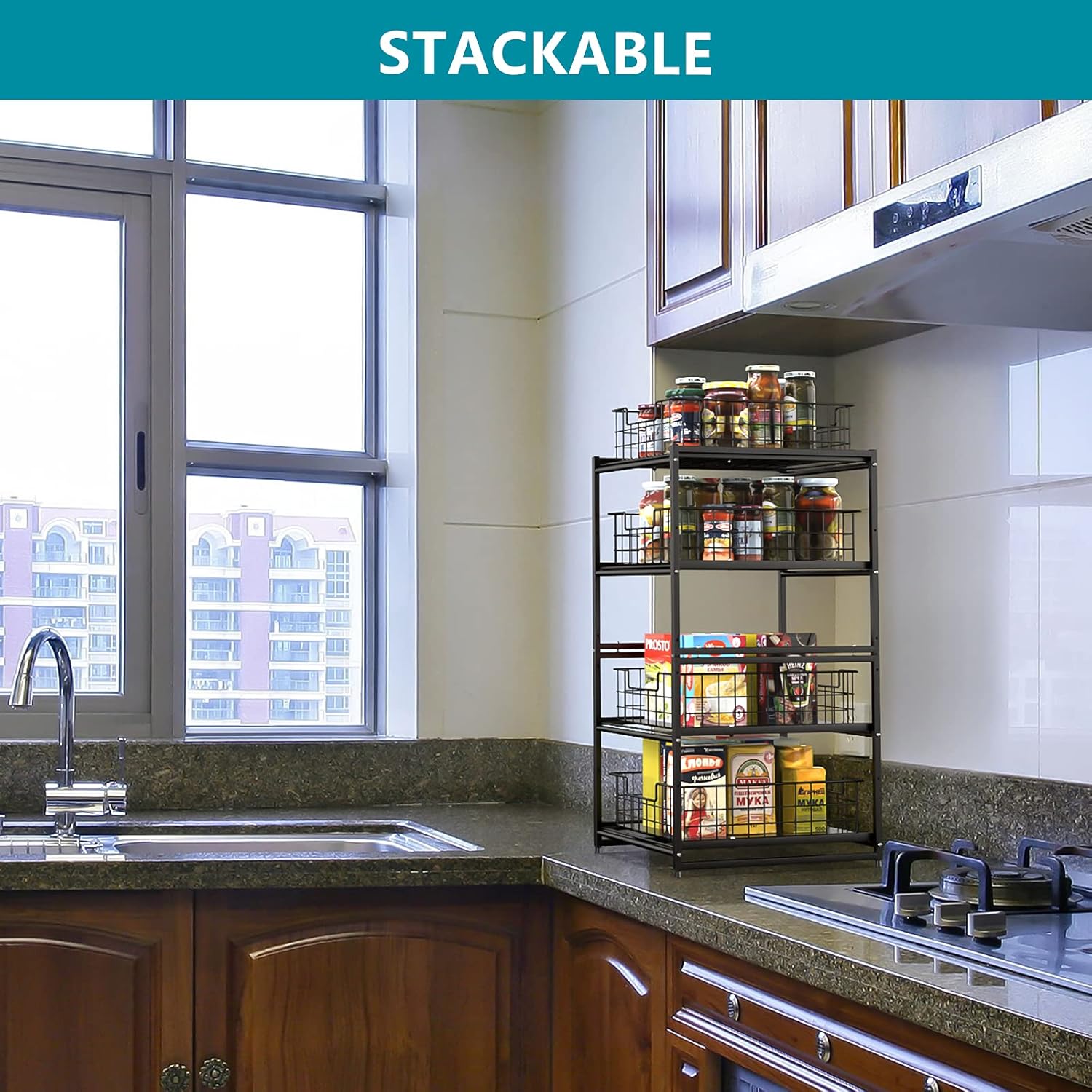 FavoThings Stackable 2-Tier Kitchen Cabinet Organizer Under Sink Organizer Rack with Sliding Storage Basket Drawers, Black
