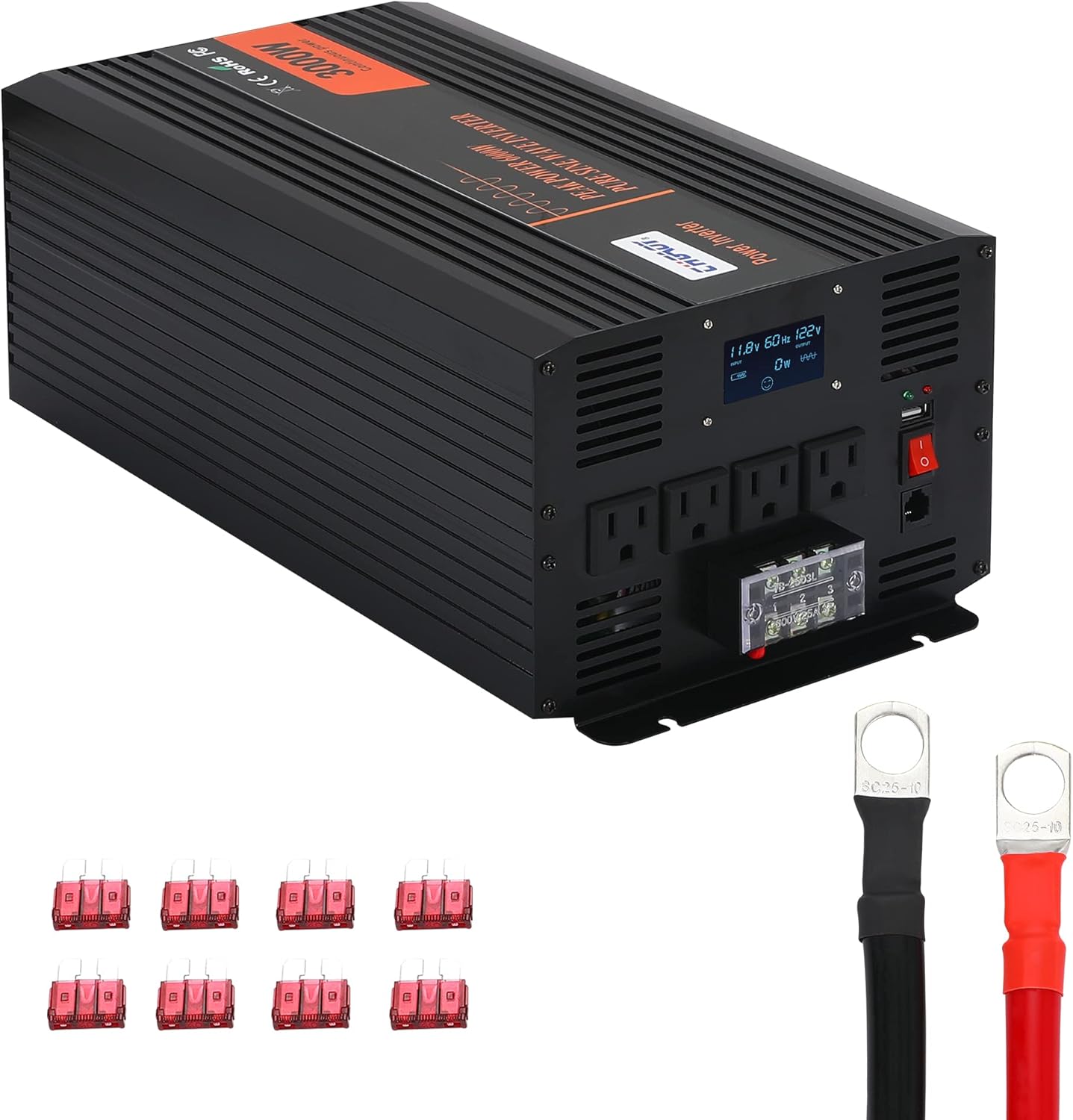 Power Inverter, 2000W Pure Sine Wave Inverter DC 12V to AC 120V Car Inverter with LCD Digital Display Remote Control USB Port Power Converter for Travel/Camping