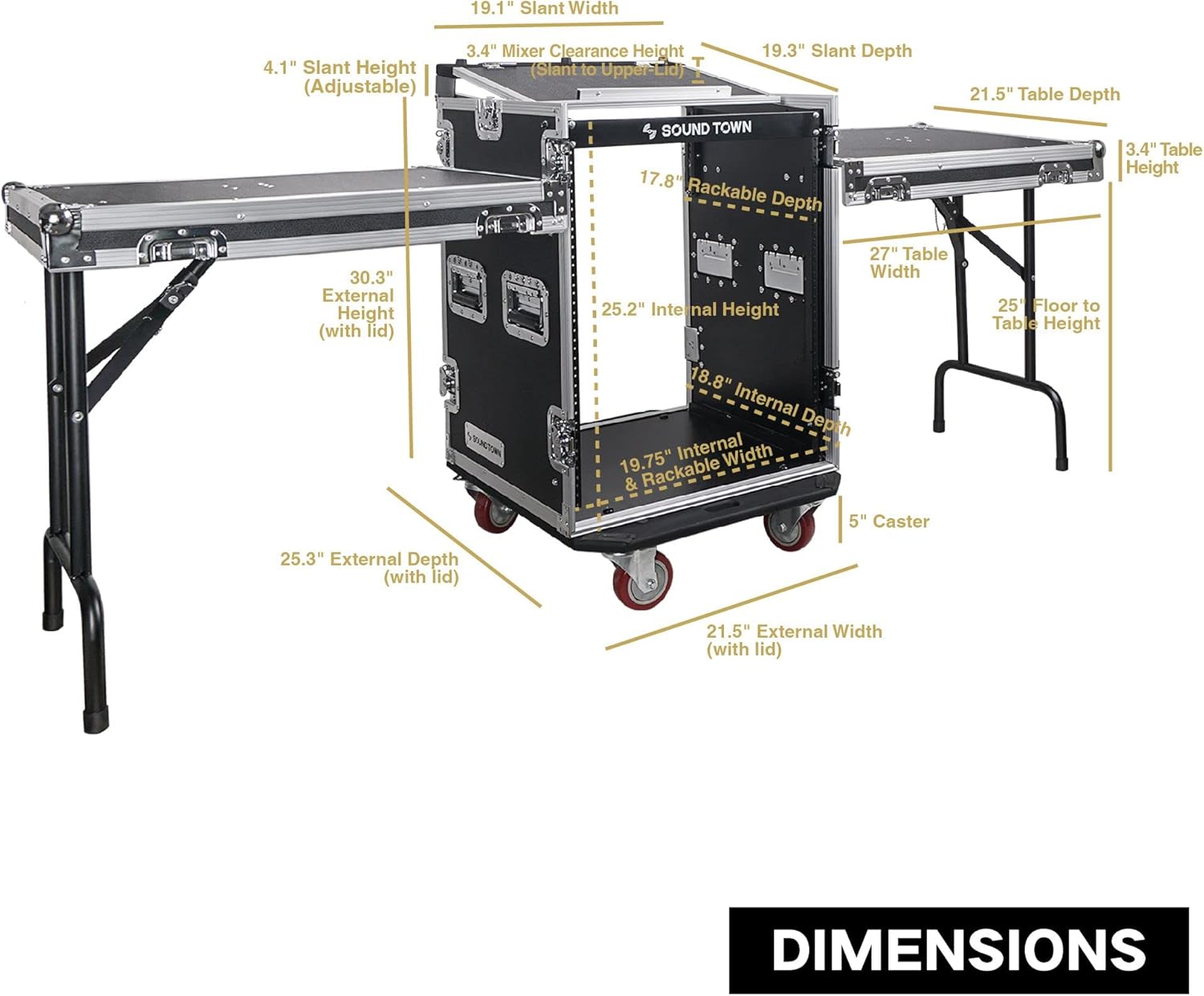 Sound Town 14U PA DJ Rack/Road ATA Case with 11U Slant Mixer Top, 20���� Rackable Depth, DJ Work Table and Casters, 14 Space Size, Pro Tour Grade (STMR-14UWT)