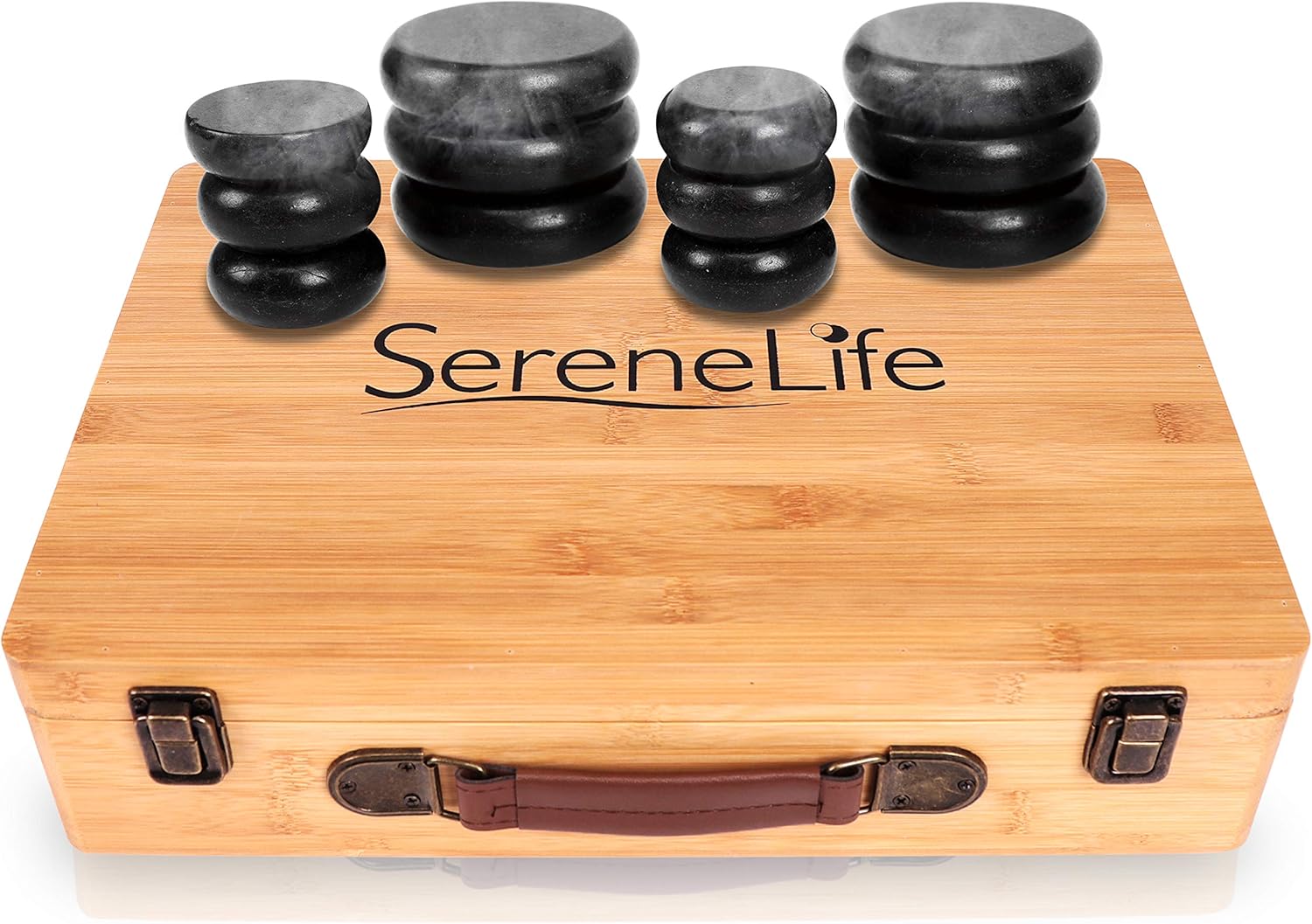 Massage Stone Heater Box Set-Electric Spa Portable Heated Rocks Massage Stones and Warmer Set - Heat Rock Massaging Kit 12 Large/Small Black Stone Set w/Bamboo Heating Case-SereneLife PSLMSGST65.5
