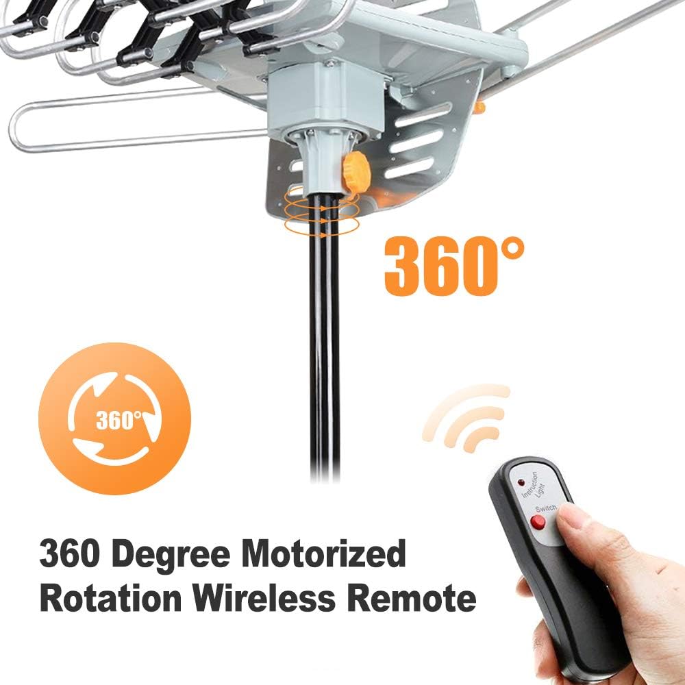HDTV Antenna Amplified Digital Outdoor Antenna 150 Miles Range, 360 Degree Rotation Wireless Remote,with 33FT Coax Cable - Support UHF/VHF/1080p/ 4K Ready -Without Pole