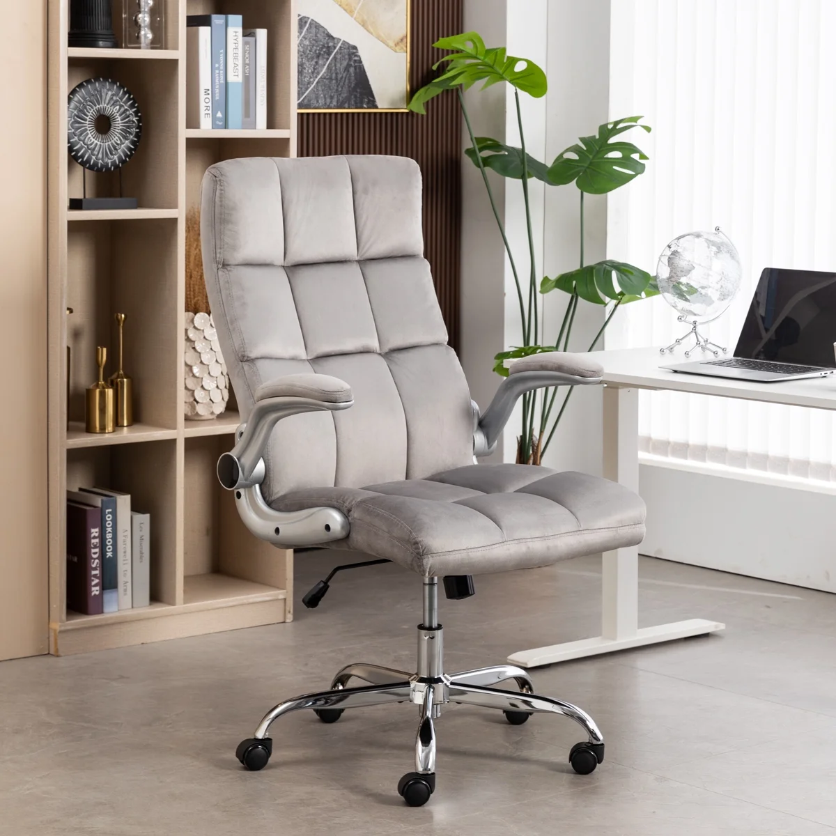 Velvet Office Chair for Home Office Desk Chair Comfy Computer Chair, Home Office Chairs with Wheels and Flip-Up Arms, High Back Cute Office Chair Work Chair (Grey)
