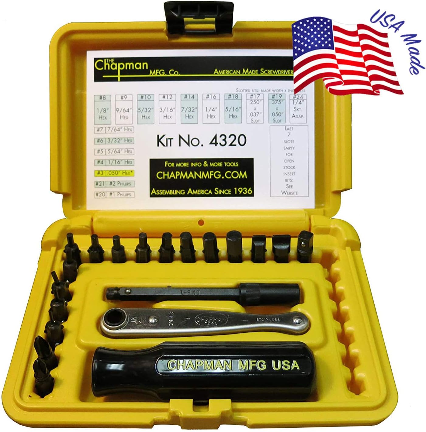 Chapman MFG 7331 All-Purpose Standard Screwdriver Set - Includes Phillips, SAE Allen Hex & Slotted/Flathead Bits, Complete Set Offers 24 USA Made Insert Bits + Mini Ratchet Hand Tool (Desert Tan Case)