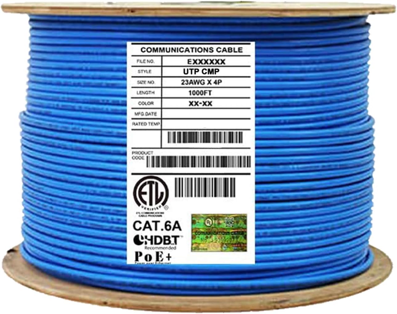 CAT6A Plenum (CMP), 10G, 1000ft, U/UTP, 650MHz, Solid Bare Copper, Bulk Ethernet Cable Reel in Blue