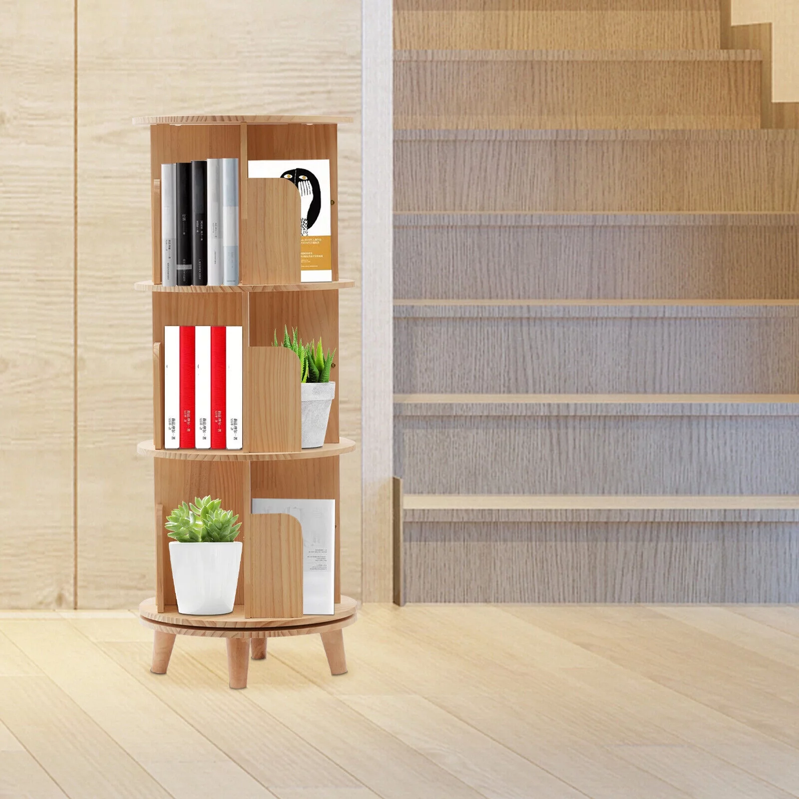 3 Tiers 360° Rotating Bookshelf Wood Bookcase Storage Shelf Freestanding Display Rack - Curated Treasures Market