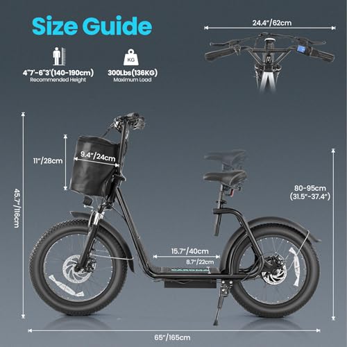 Caroma Peak 800W Foldable Electric Scooter Adults, 20" Fat Tire Electric Bike with 48V Battery, Up to 30Miles & 20MPH, Adult Electric Bicycles for Commuting with Basket&Adjustable Seat