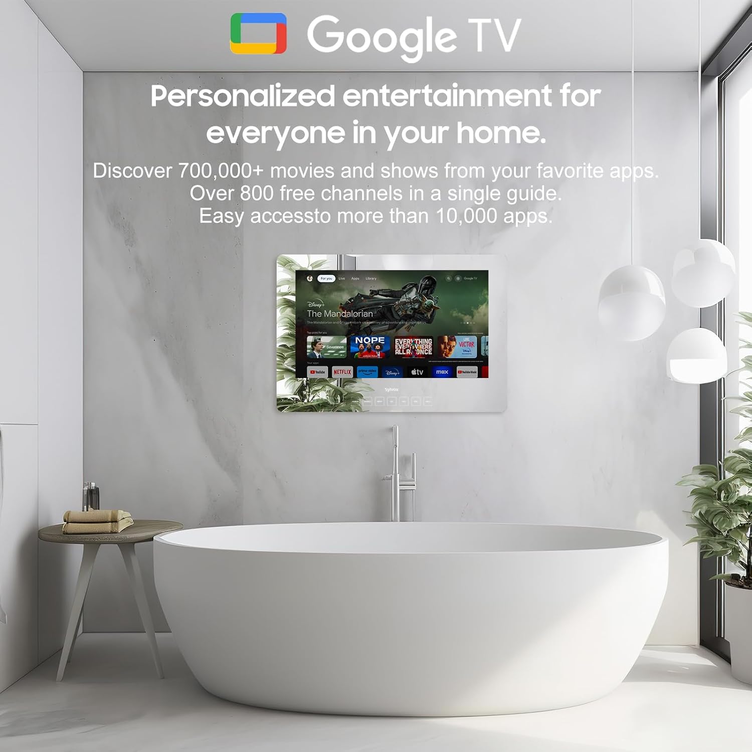 SYLVOX 24 inch Bathroom TV, 1080P Smart Mirror TV Google System NTSC & ATSC Tuner Support WiFi Bluetooth 500 nits High Brightness, IP66 Waterproof TV for Bathroom Bathtub Hotel Shower Spa (Wall Mount)
