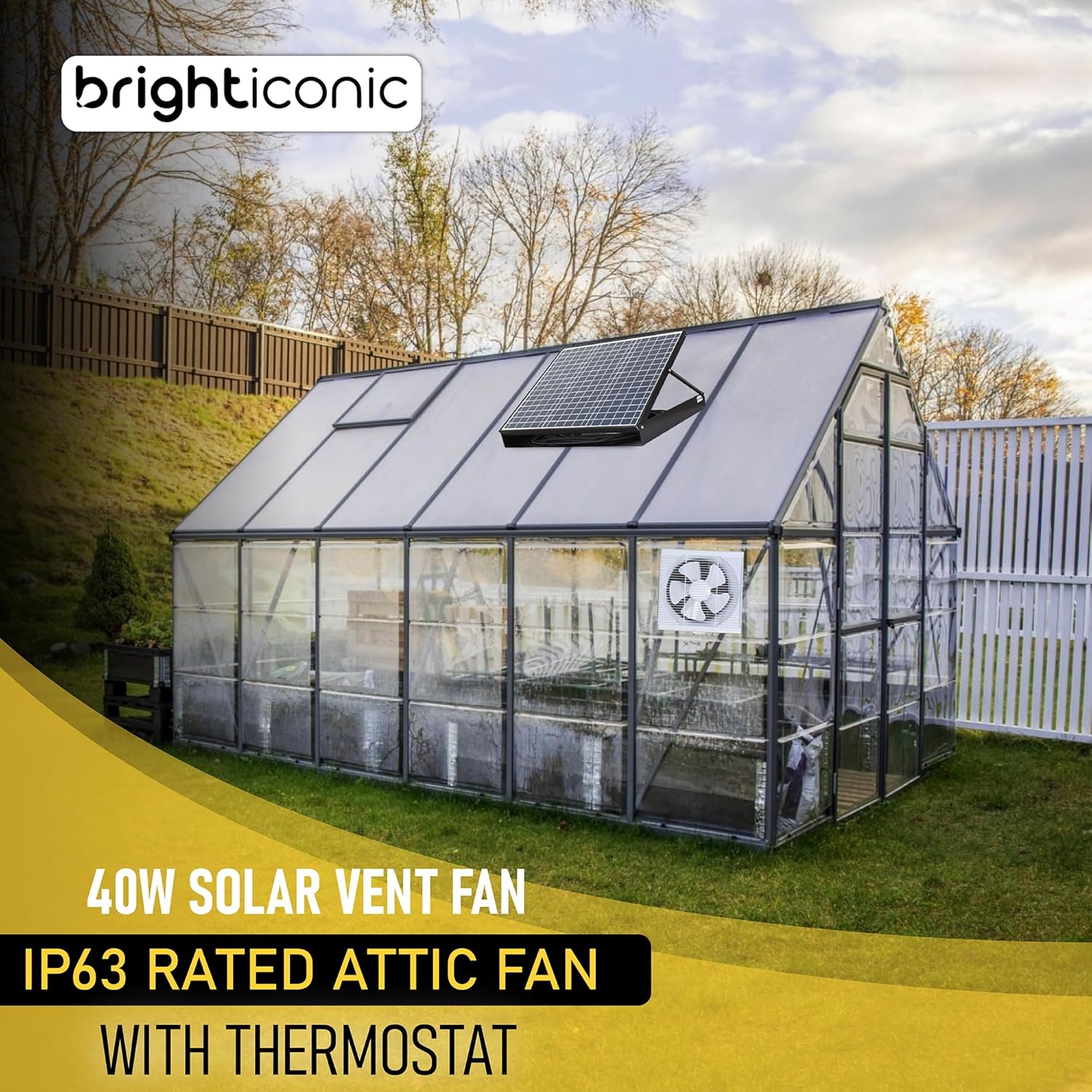 40W Attic Fan with Gable Mount 12" Brushless Exhaust Fan for Shed - Solar Vent Fan IP63 Greenhouse Supplies - Greenhouse Accessories Solar Powered Fans for Outside Chicken Coop Crawl Space Fan