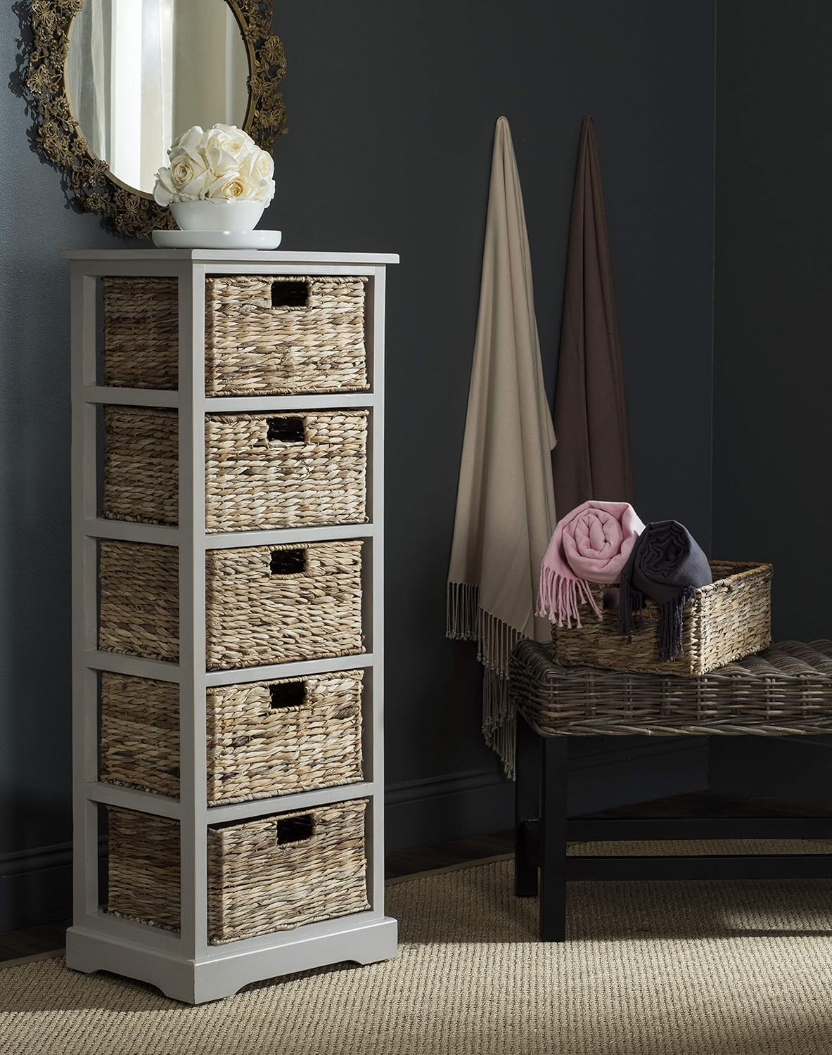 Safavieh American Homes Collection Vedette Distressed Black 5 Wicker Basket Storage Tower