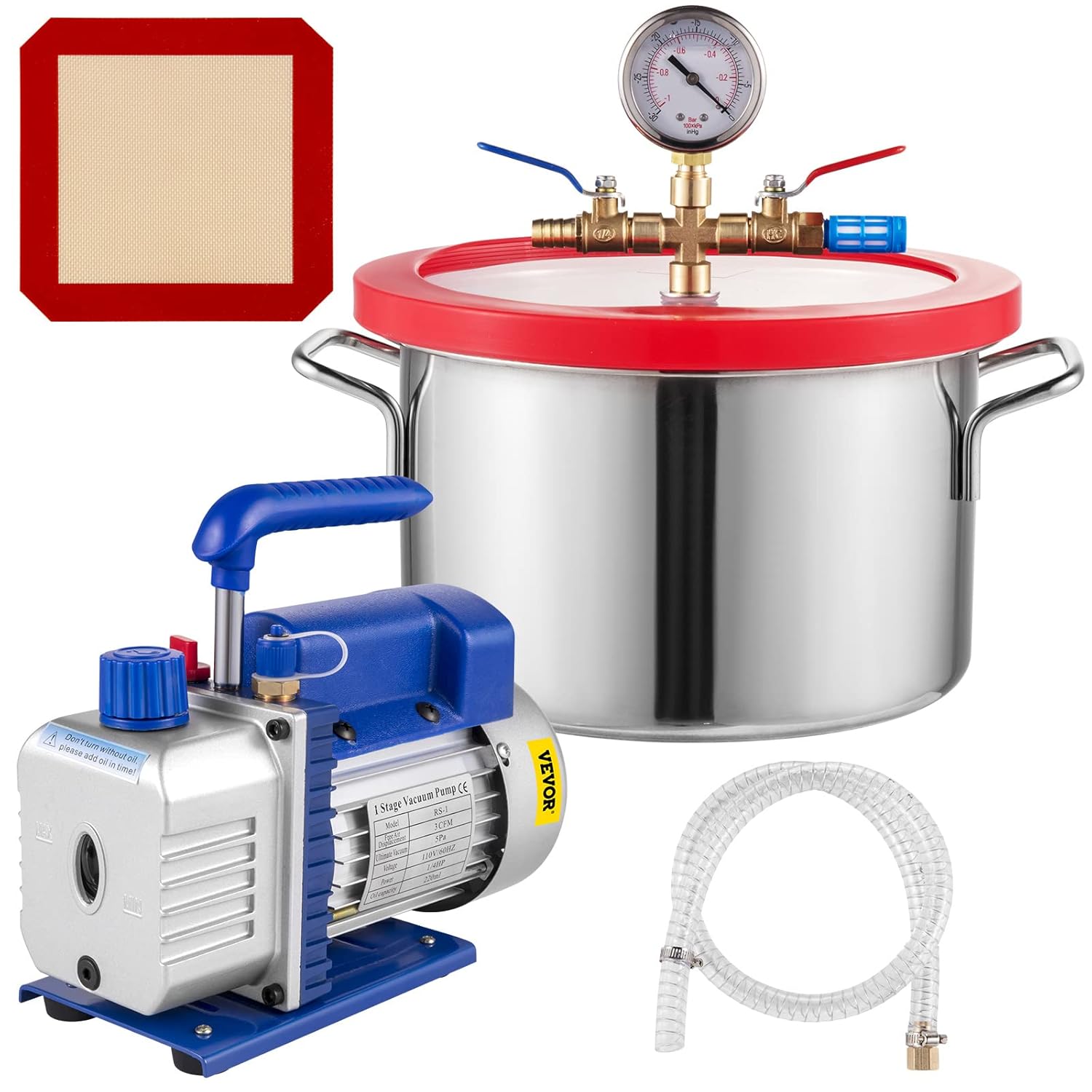 VEVOR 3CFM Vacuum Pump Single Stage 3CFM HVAC Vacuum Pump 3CFM 1/4HP Vacuum Pump Air Conditioning with 1 Gallon Vacuum Degassing Chamber Vacume Chamber and Pump
