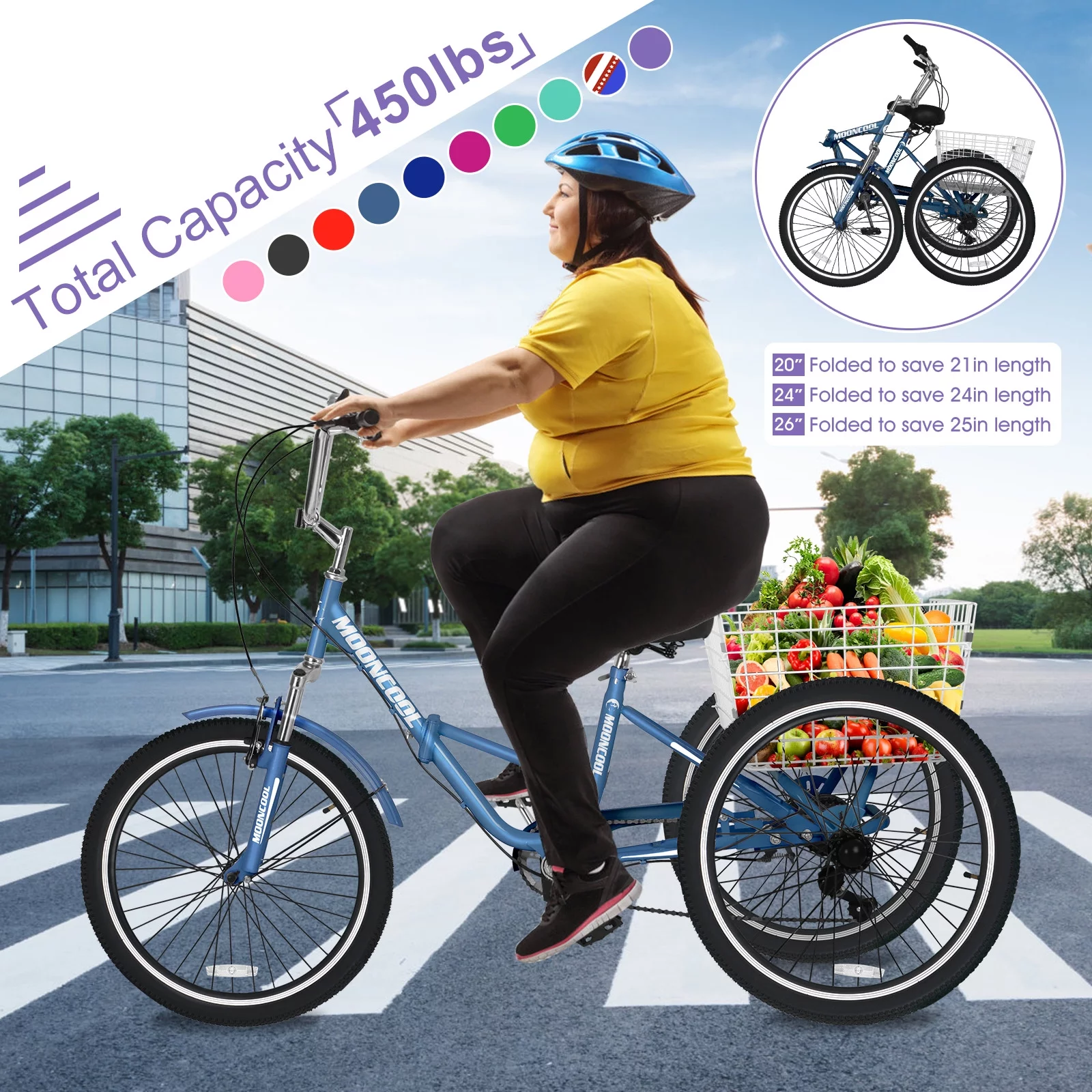 Lilypelle 24" Adult Tricycle Folding Tricycle 3 Wheel Bikes 7 Speed Trikes with Shopping Basket for Seniors Adult,Green