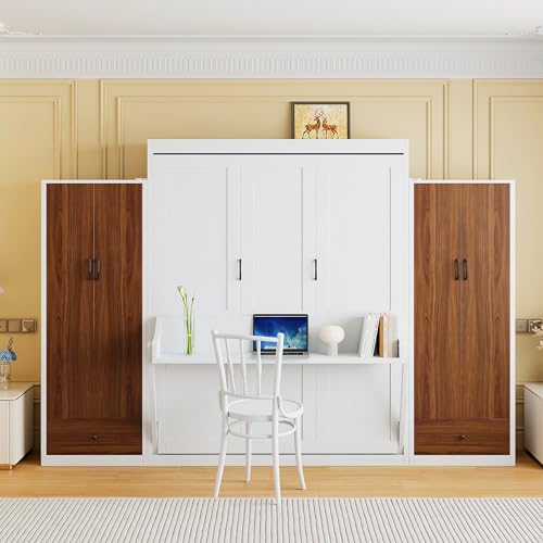 KLMM Wooden Murphy Bed Wall Bed with 2 Wardrobe and Storage Shelf,Foldable Platform Bedframe for Guest-Room Bedroom Study Office Use (White#E, Full)