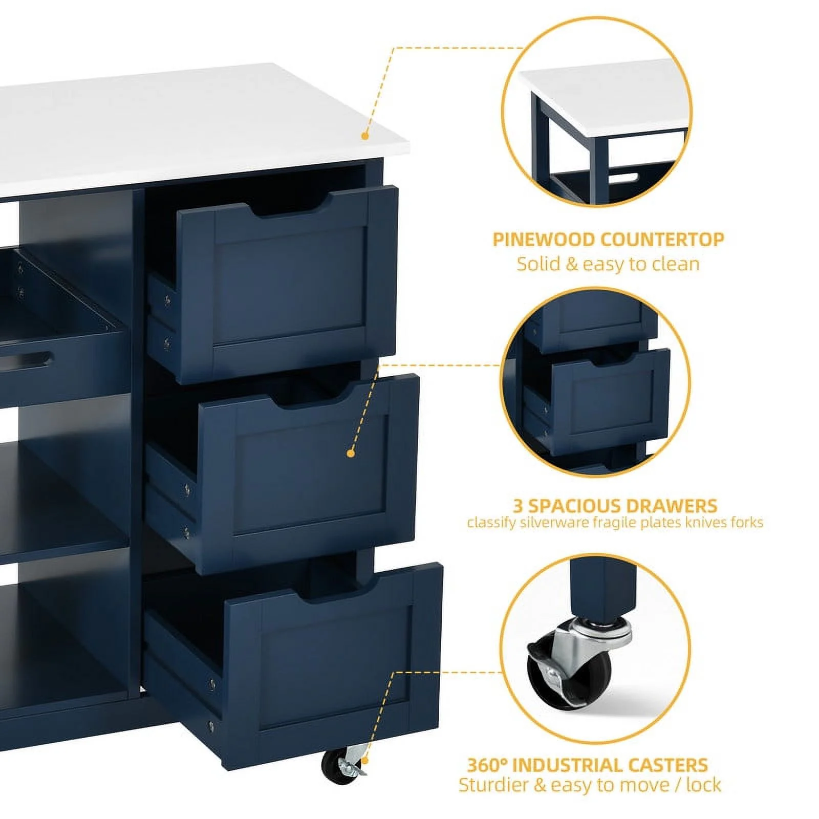 DWVO 3 Tier Kitchen Island Cart with Storage, Rolling Kitchen Cart with Large Countertop, Opening Shelves and Drawers for Kitchen Dining Room, Blue