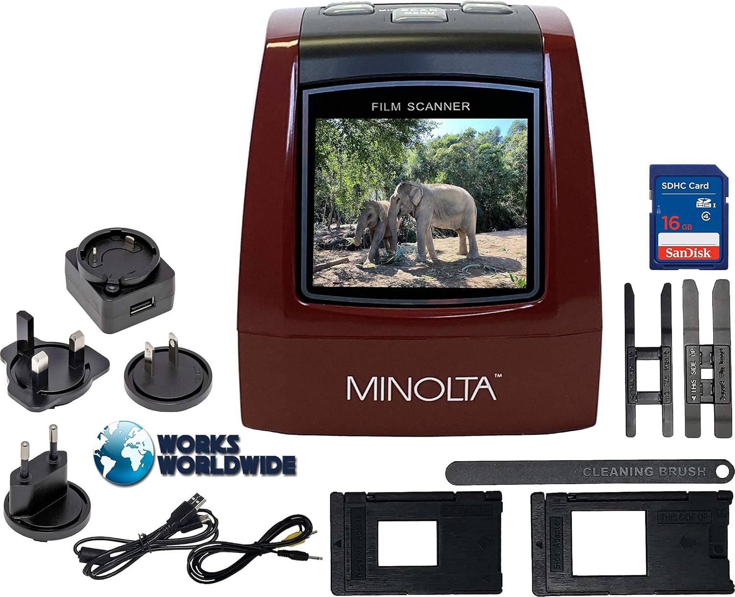 MINOLTA Film & Slide Scanner, Convert Color & B&W 35mm, 126, 110 Negative & Slides, Super 8 Films to 22MP JPEG Digital Photos, 16GB SD Card, Worldwide (Red)