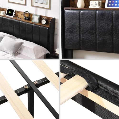 Queen Bed Frame with Headboard & Charging Station, Upholstered Platform Bed Frame with 2 Storage Drawers, Sturdy Wooden Slats Support/No Box Spring Needed/Noise Free/Easy Assembly/White
