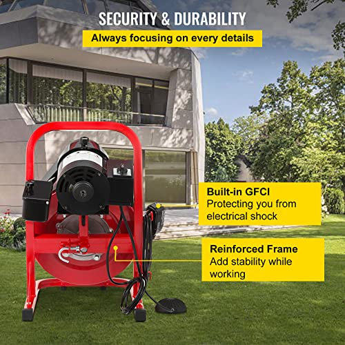 VEVOR Portable Sewer Snake Auger Cleaner with Cutters & Air-Activated Foot Switch for 1" to 4" Pipes, Black, Red