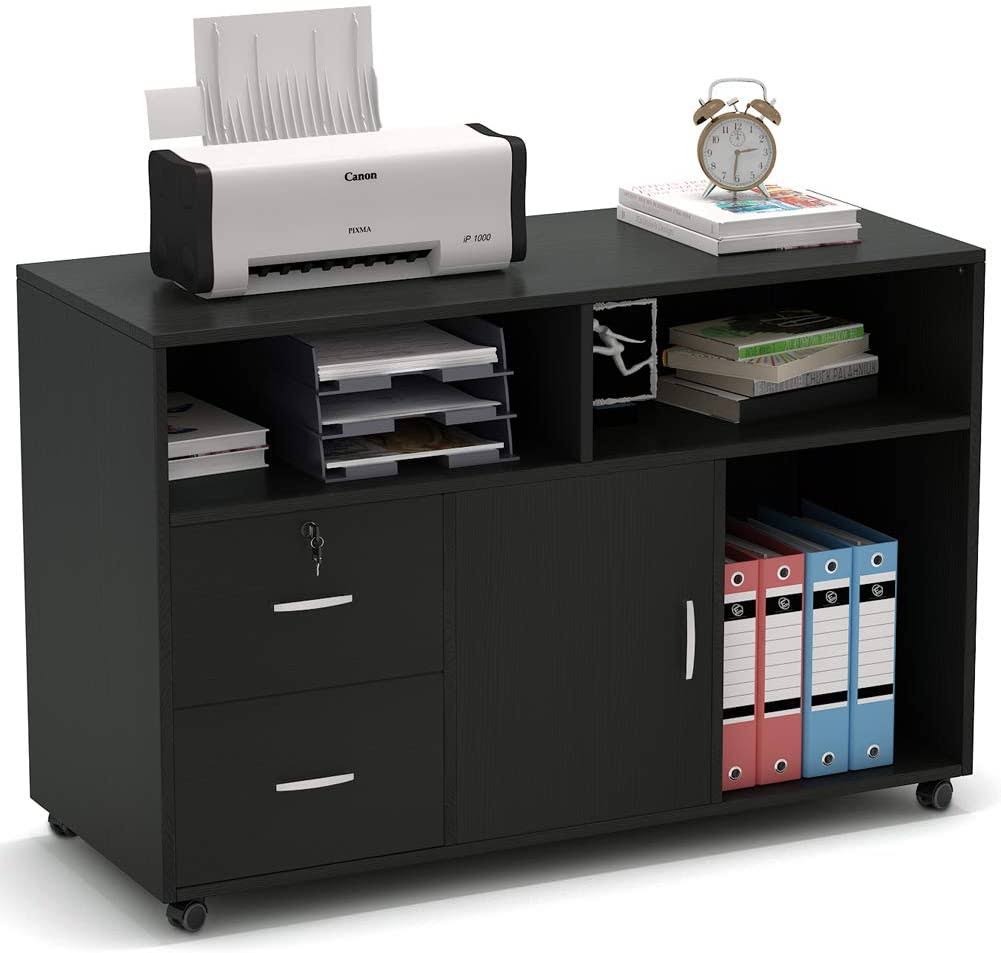 Wood File Cabinet, 2 Drawer Storage Printer Stand, Mobile Lateral Filing Cabinet with Locks and Wheels, Open Storage Shelves for