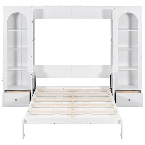 KLMM Wooden Murphy Bed Wall Bed with 2 Wardrobe and Storage Shelf,Foldable Platform Bedframe for Guest-Room Bedroom Study Office Use (White#E, Full)