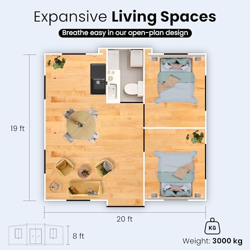 Portable Prefabricated Tiny Home - 19x20ft Expandable Prefab Tiny House for Hotel, Booth, Office, Guard House, Shop, Villa, Warehouse, Workshop (with Restroom)