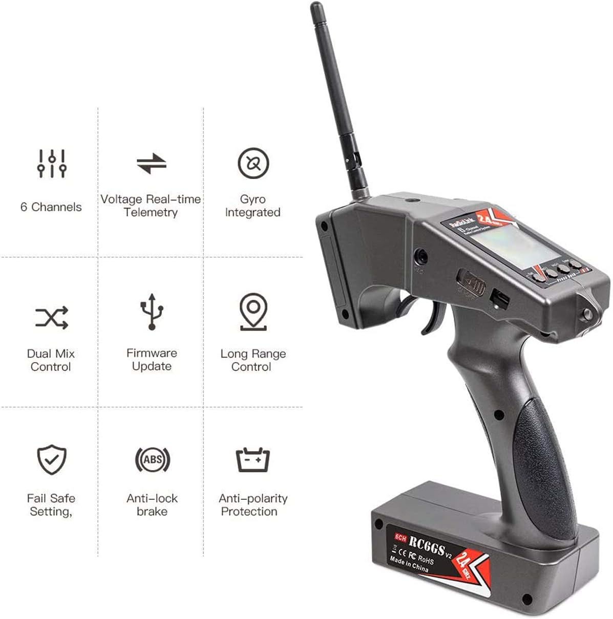 Radiolink RC6GS V2 6CH RC Transmitter and Receiver R7FG 2.4g Gyro and Two-Way Transmission Telemetry Receiver Radio Remote Controller for RC Crawler Cars Boats (600m)