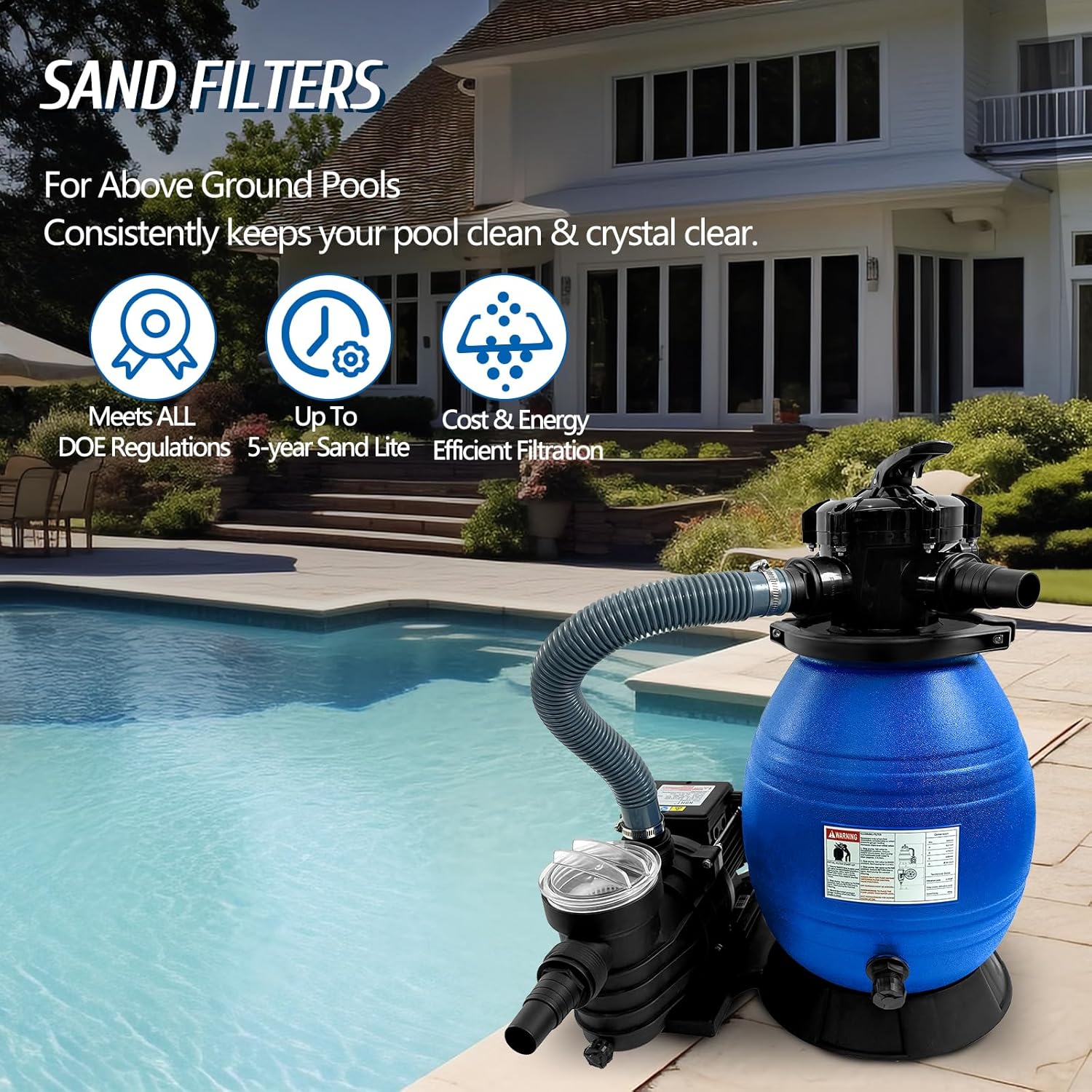 13 Inch Pool Sand Filter 6 Way Valve High-Flo Sand Filter Pump System w/ 3/4HP Pool Pump for Above Ground and Inground Pools with Multi Port Valve