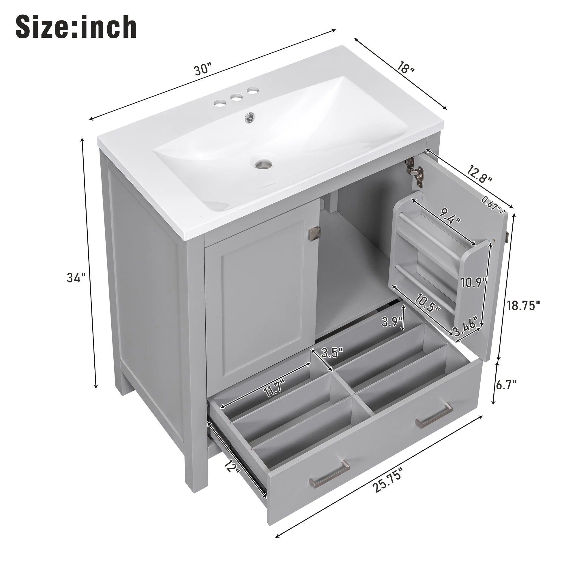 EUROCO 30" Modern Bathroom Vanity Cabinet Solid Wood with Top Basin,Bathroom Storage Cabinet with Soft Closing,1 Drawer,2 Doors